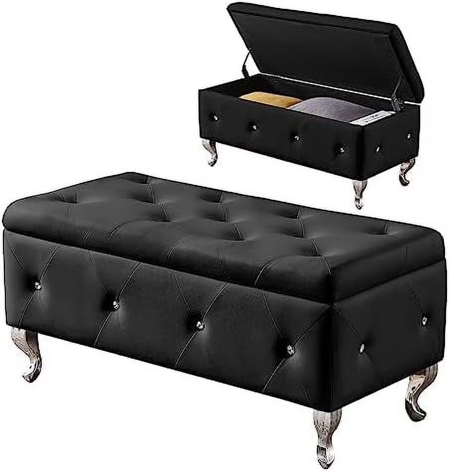 Grey Velvet Ottoman Bench with Metal Legs Q599