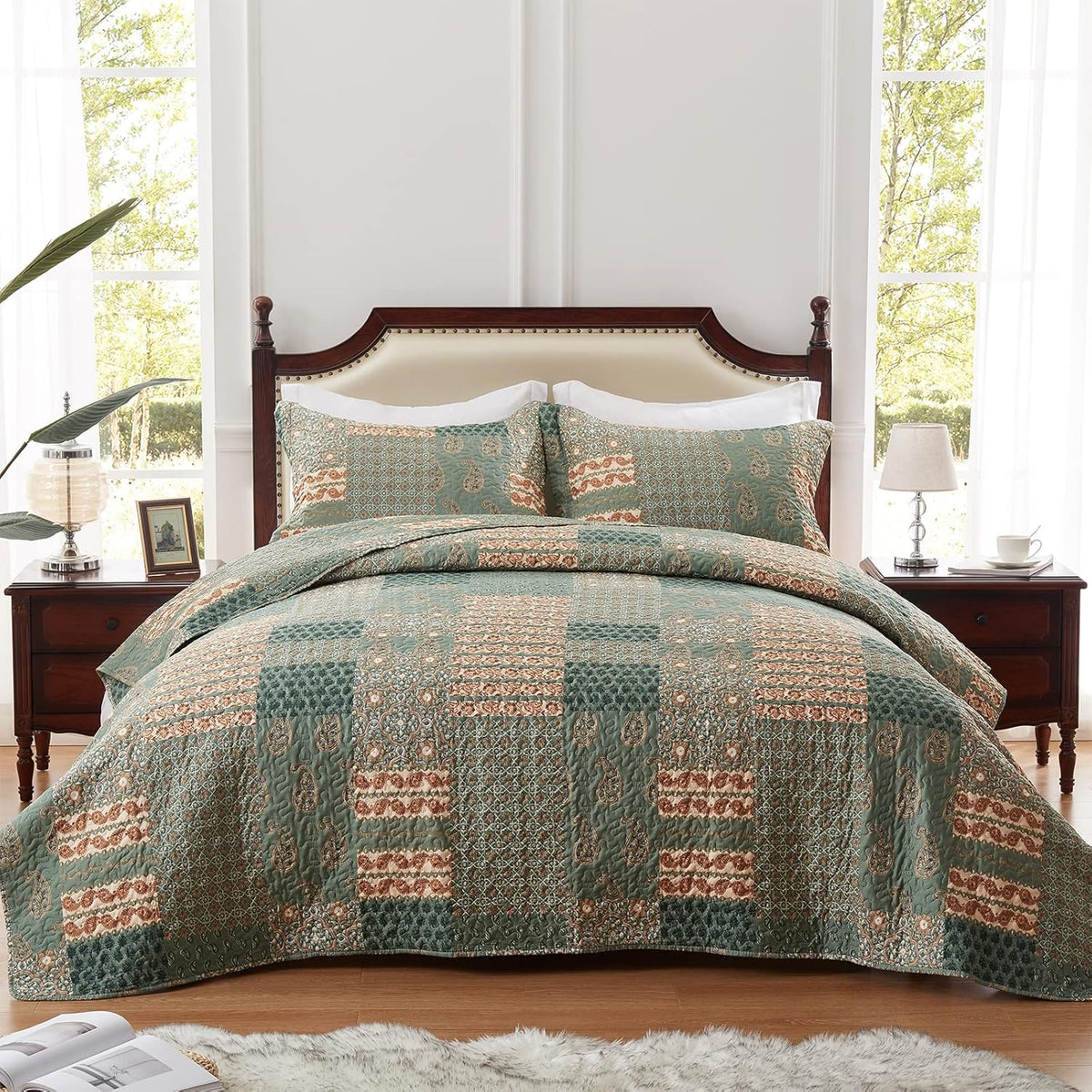 Full/Queen Size Olive Green Floral Paisley Bedding Set with 2 Pillow Shams N7857