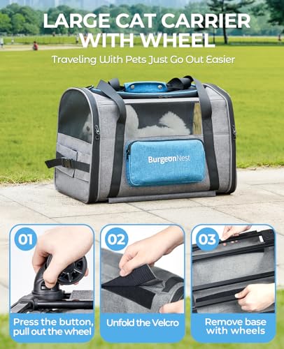 Cat Carrier with Wheels, Airline Approved Pet Carrier for Cats Dogs 15 lbs with Telescopic Handle, Small Dog Carrier with Wheels Removable, Soft Rolling Cat Carrier with Large Pocket T948