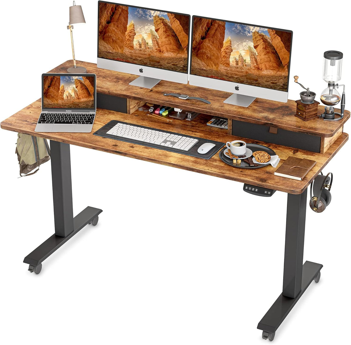 Rustic Brown Black Frame Electric Standing Desk with Double Drawers Q326