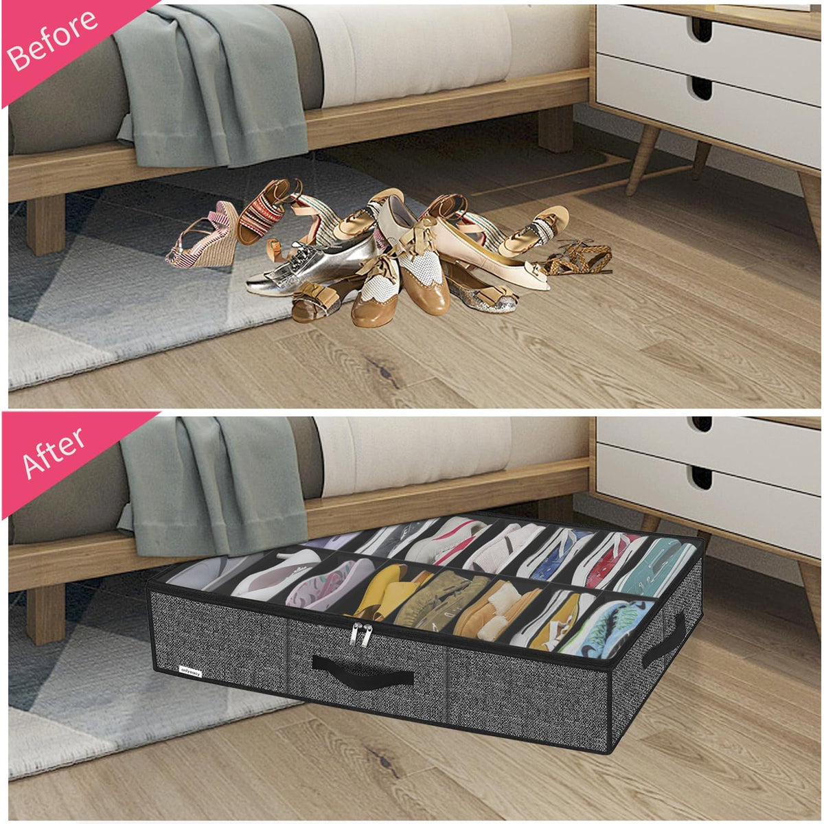 Black Linen-like Underbed Shoe Storage Organizer R919
