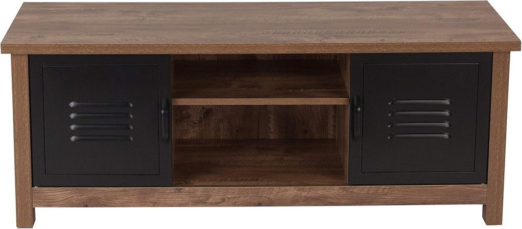Oak Wood Grain Storage Bench with Metal Cabinet Doors P2073