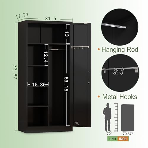 Black Metal Armoire Wardrobe with 2 Doors, 1 Adjustable Shelf, 2 Drawers, and Hanging Rod R7434