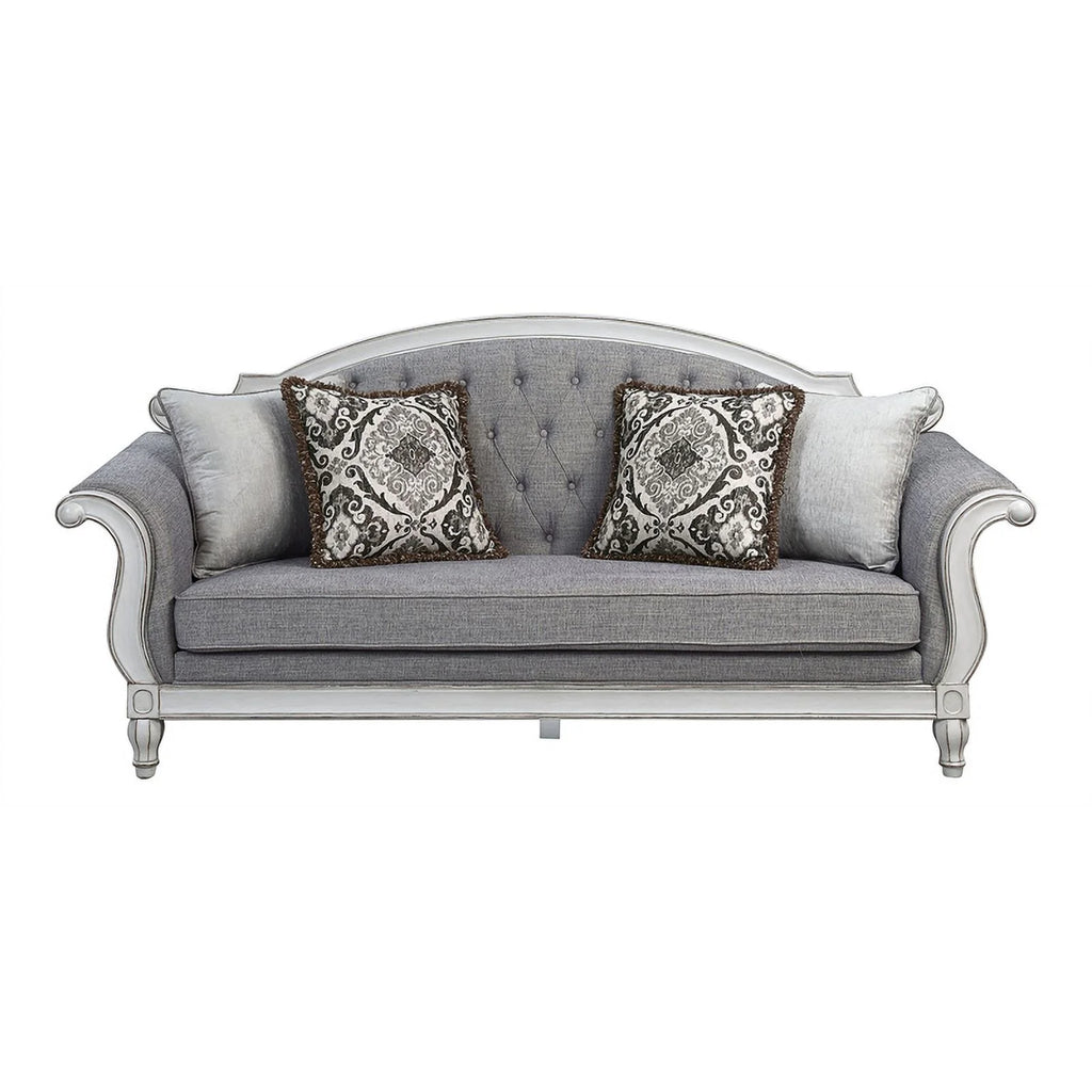 Tufted Fabric Sofa with 4 Pillows in Gray/Antique White B291275