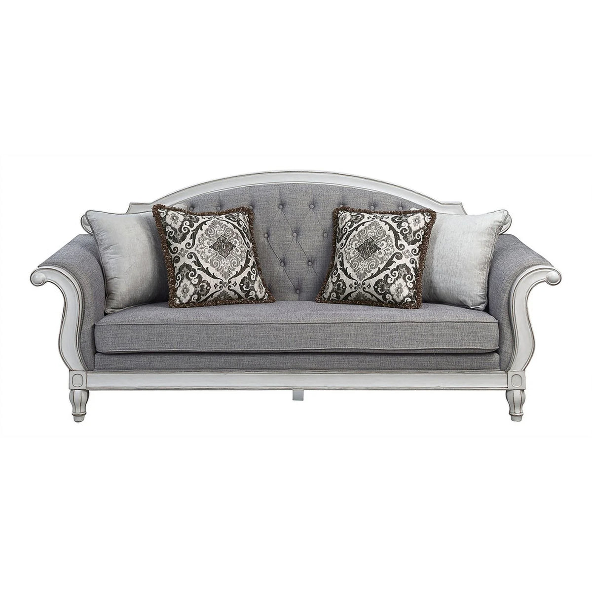 Tufted Fabric Sofa with 4 Pillows in Gray/Antique White B291275