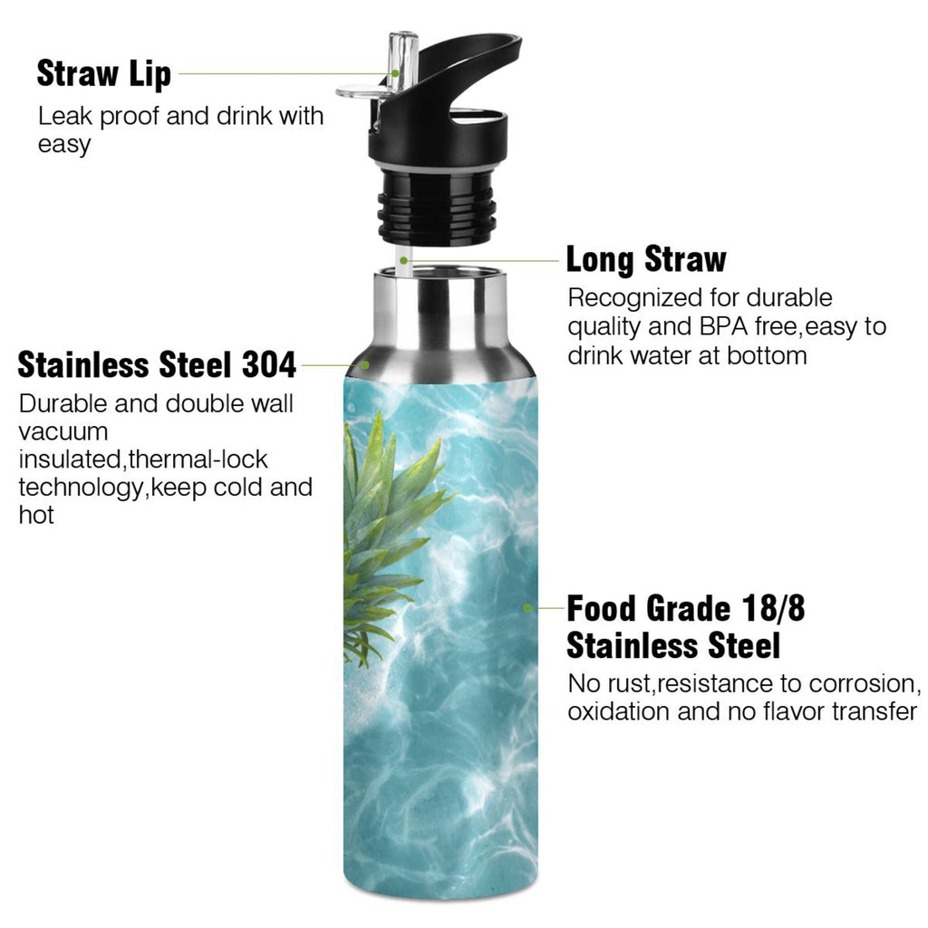 Yellow Pineapple on Blue Water Insulated Stainless Steel Water Bottle with Straw Lid 20 oz M382