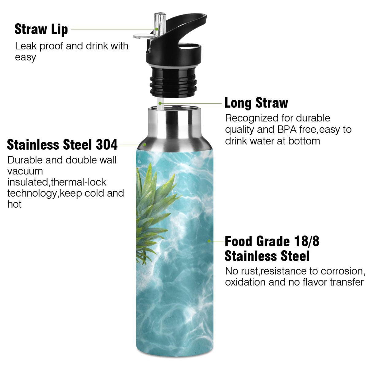 Yellow Pineapple on Blue Water Insulated Stainless Steel Water Bottle with Straw Lid 20 oz M382