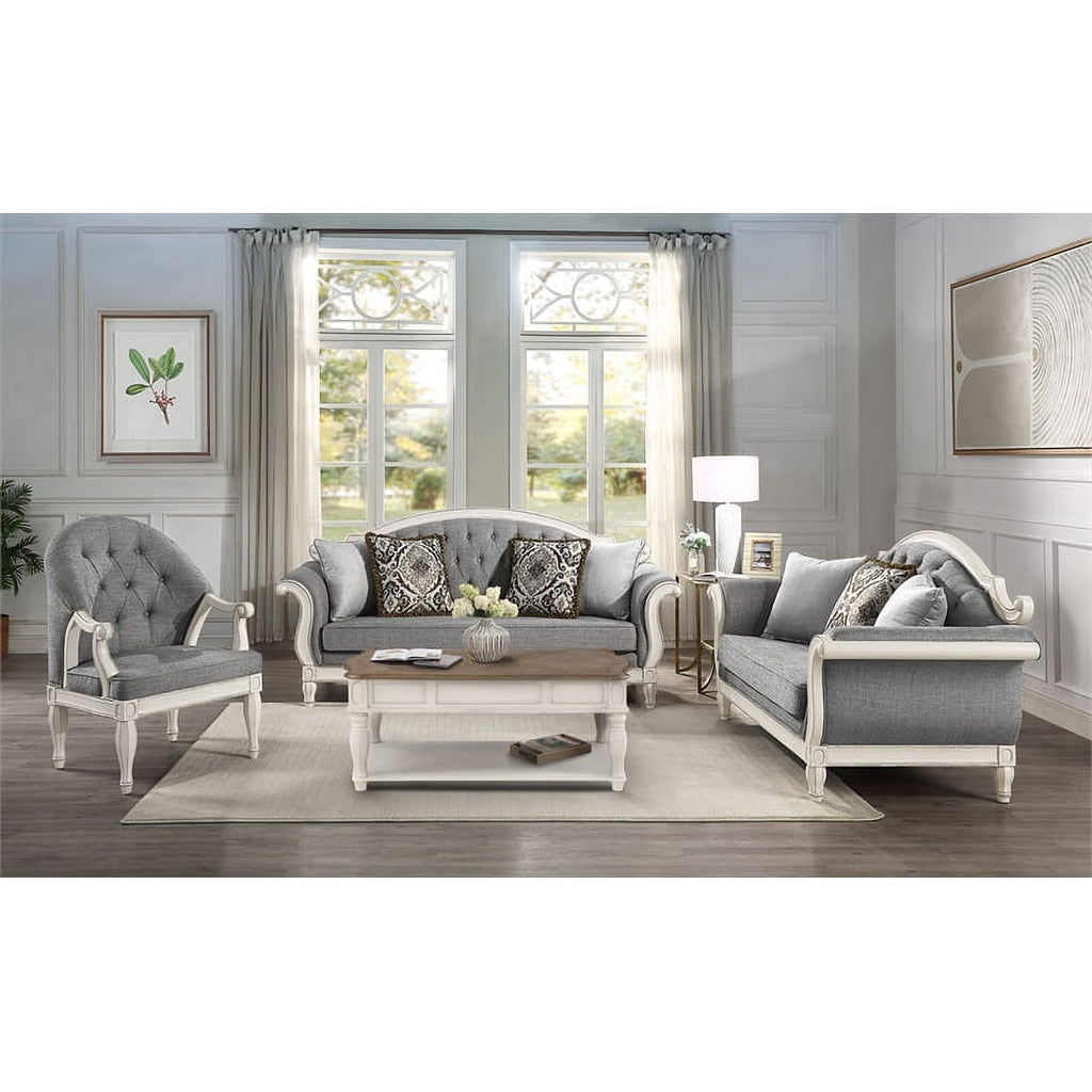 Tufted Fabric Sofa with 4 Pillows in Gray/Antique White B291275