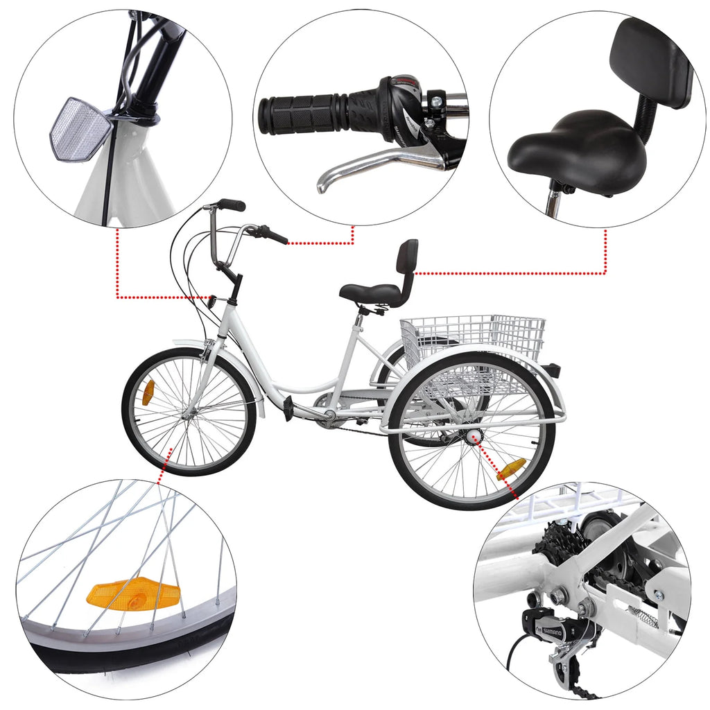 7-Speed 24 Adult 3-Wheel Tricycle with Basket White D1263