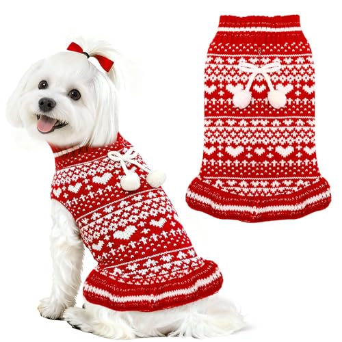 Dog Christmas Sweater Dress with Leash Hole Turtleneck Knitted Pullover E96430