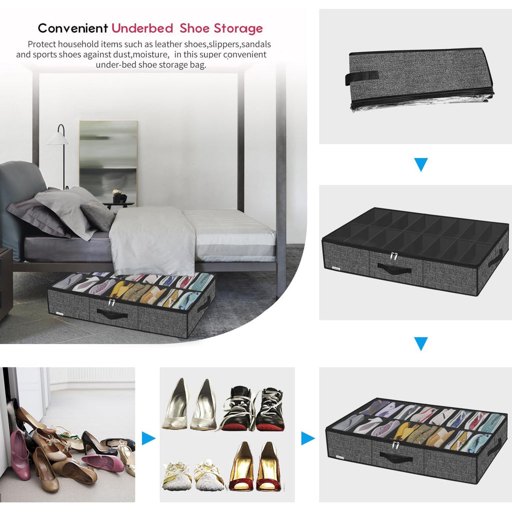 Black Linen-like Underbed Shoe Storage Organizer R919