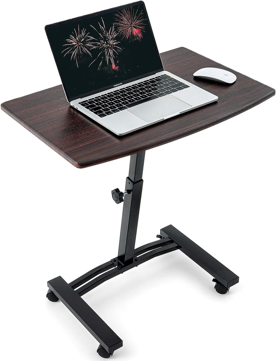 Portable Laptop Desk Cart with Height Adjustable Flat Top, Wheels and Stoppers, Brown U345