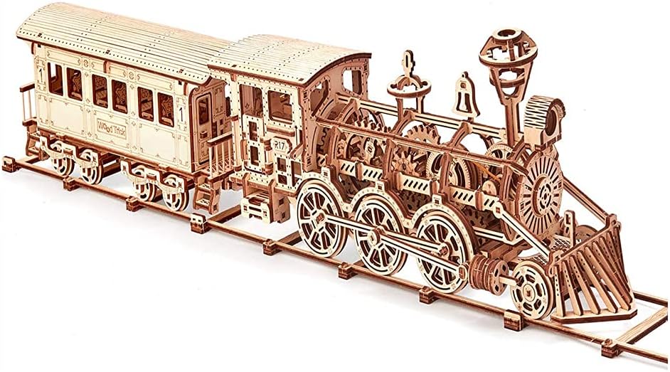 Wooden Toy Train Set with Railway - 34x7″ - Mechanical Model Kit - 3D Wooden Puzzle - DIY Toy Pack of 2 C401