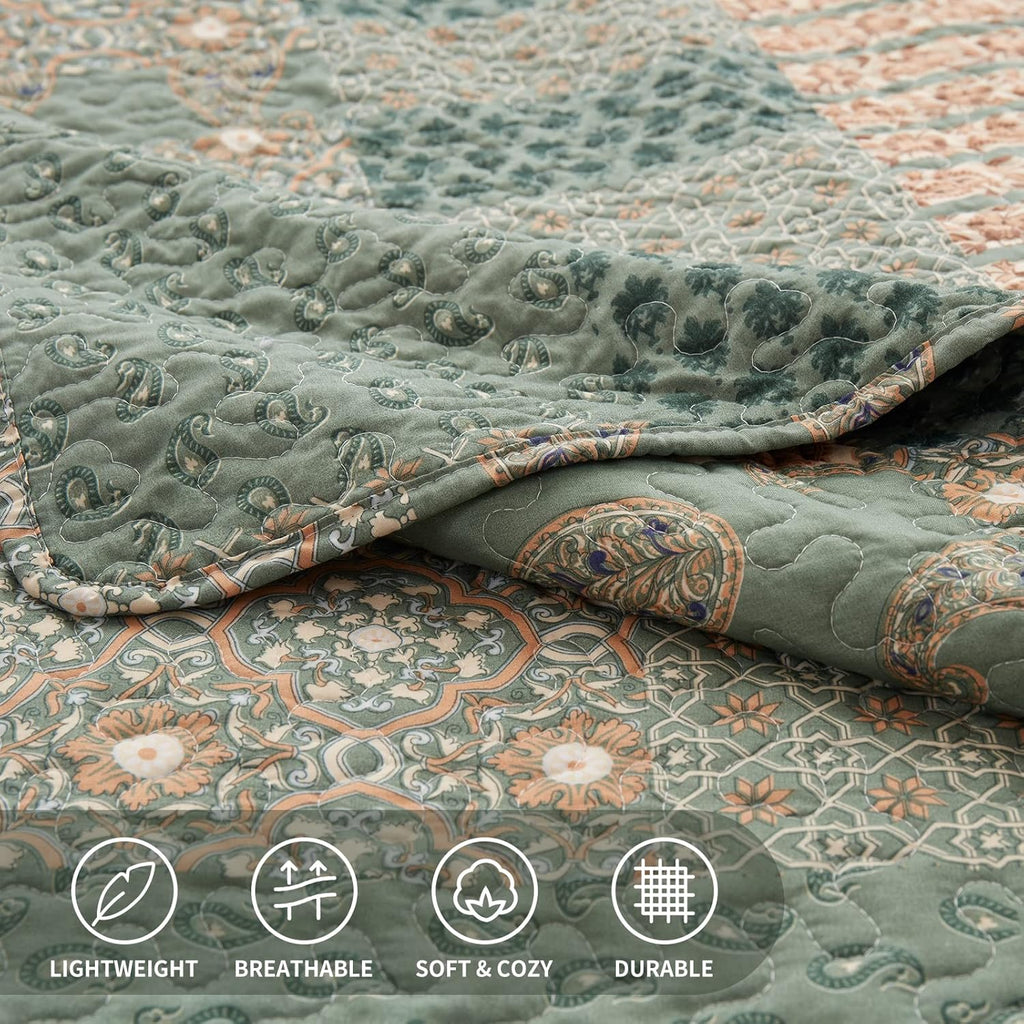 Full/Queen Size Olive Green Floral Paisley Bedding Set with 2 Pillow Shams N7857