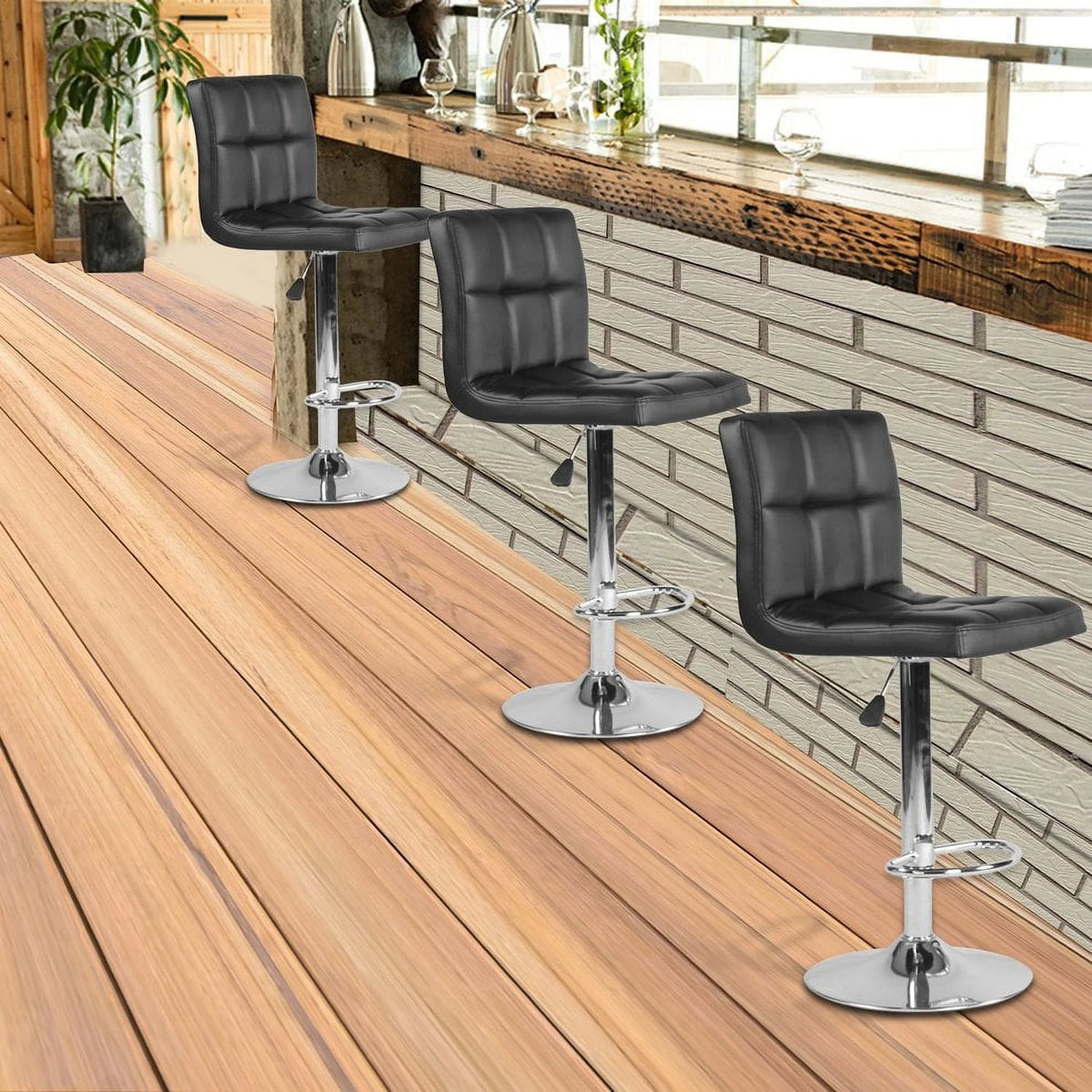 Black PU Leather Adjustable Swivel Bar Stools Set of 2 A688
