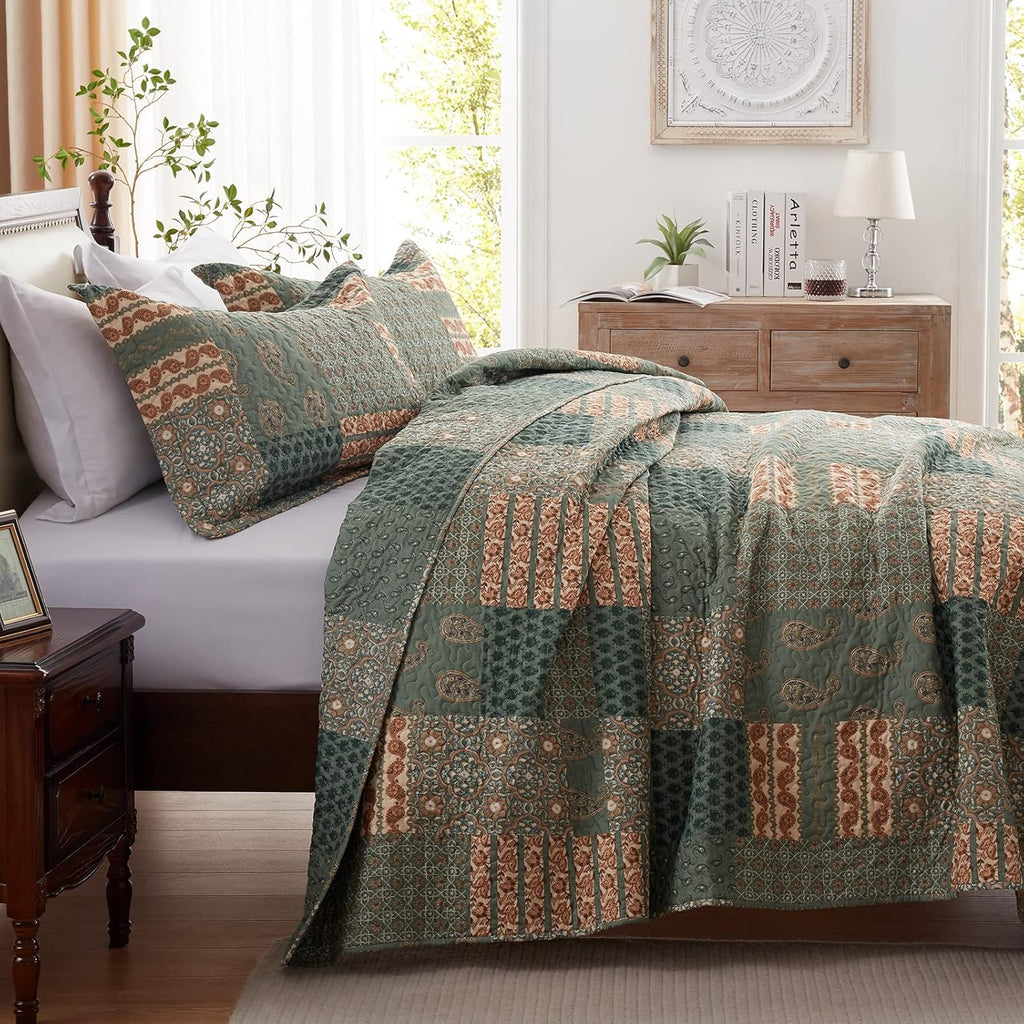 Full/Queen Size Olive Green Floral Paisley Bedding Set with 2 Pillow Shams N7857