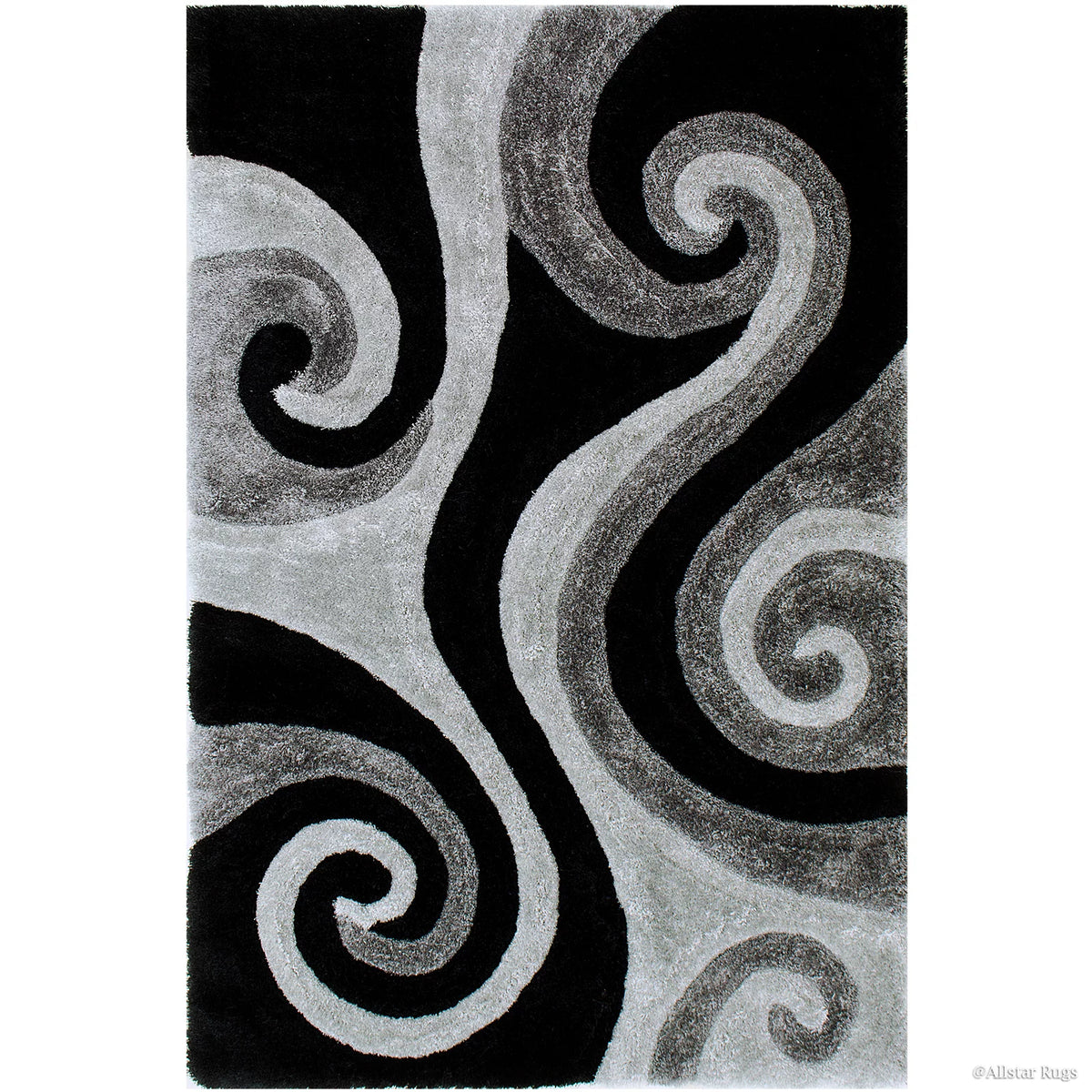 Grey Shaggy Area Rug with 3D Black Spiral Design 5' x 7' L31371
