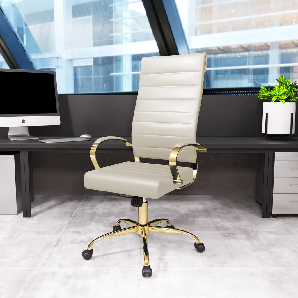 Tan Leather Swivel Office Chair with Gold Frame J763