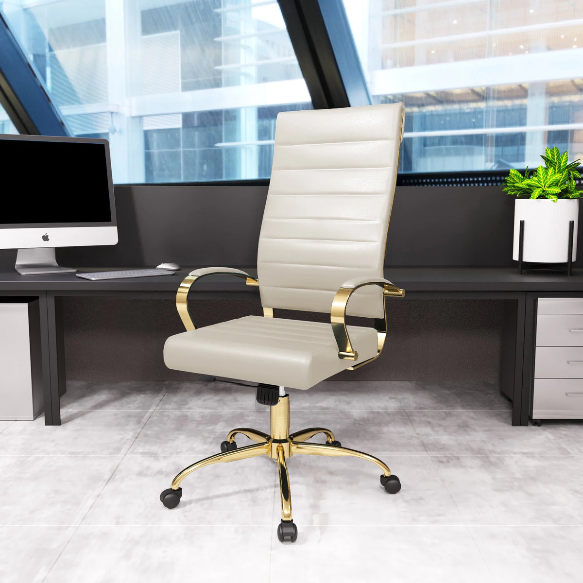 Tan Leather Swivel Office Chair with Gold Frame J763