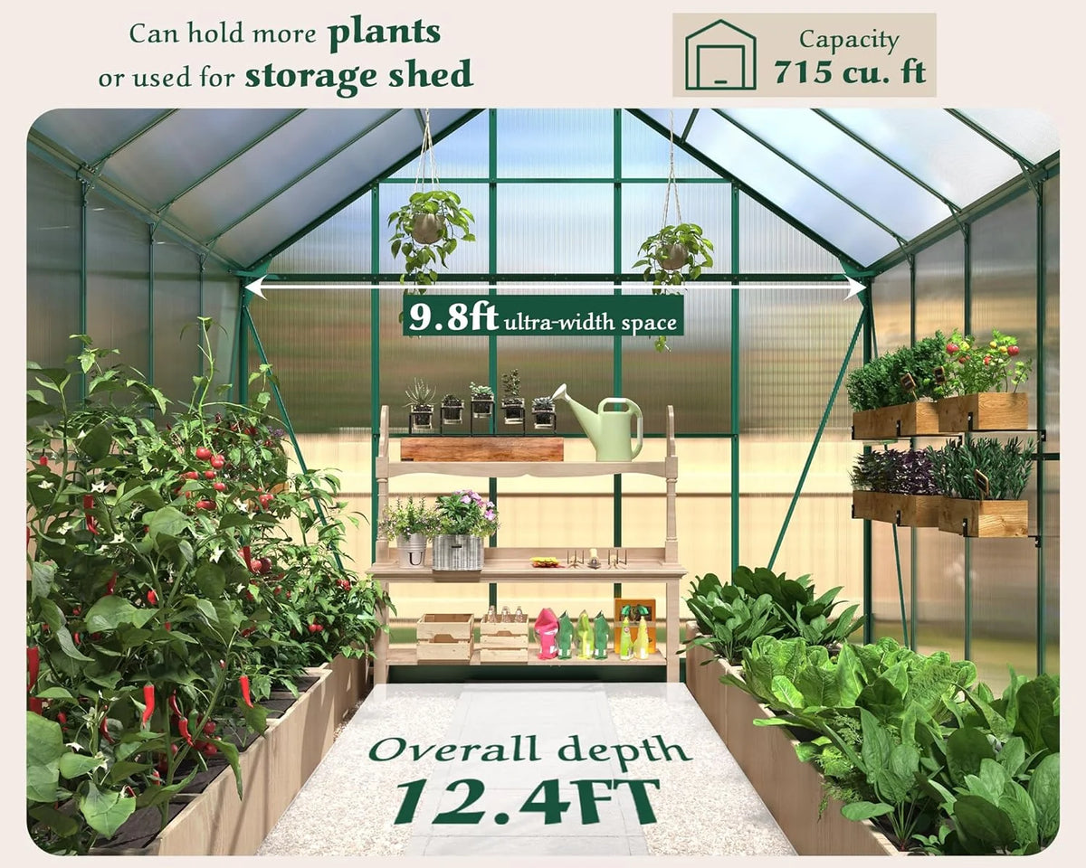 12x10x10 ft Polycarbonate Greenhouse with 2 Sliding Doors 4 Vents Window D332