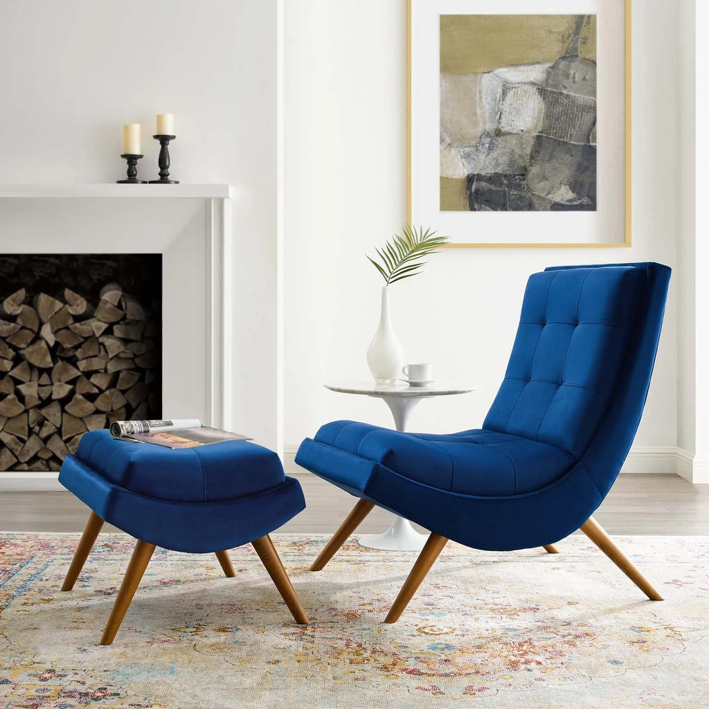 Navy Blue Velvet Accent Side Chair and Ottoman M466