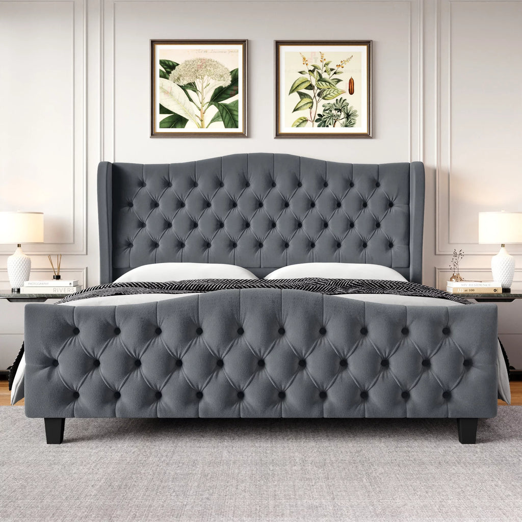 Queen Size Beige Velvet Tufted Upholstered Platform Bed Frame with Wingback Headboard E44840