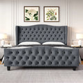 Queen Size Beige Velvet Tufted Upholstered Platform Bed Frame with Wingback Headboard E44840