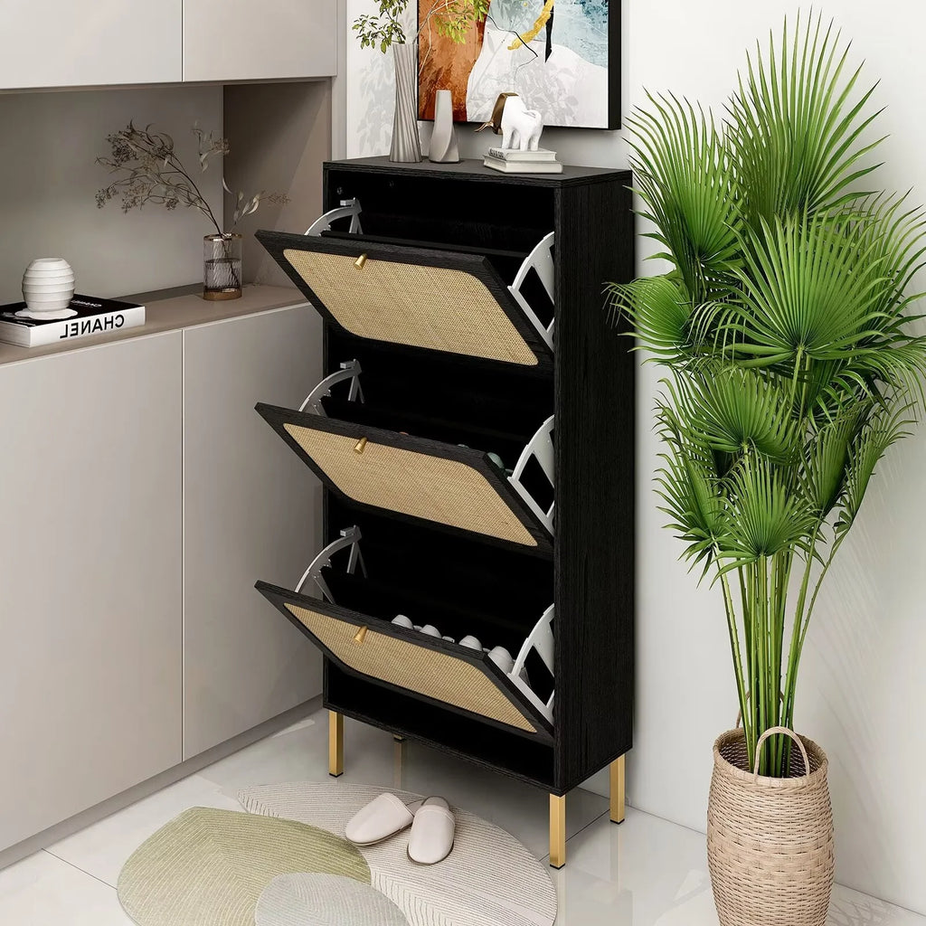 3 Flip Drawer Natural Rattan Shoe Cabinet with Metal Legs V712943