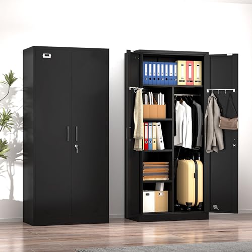 Black Metal Armoire Wardrobe with 2 Doors, 1 Adjustable Shelf, 2 Drawers, and Hanging Rod R7434