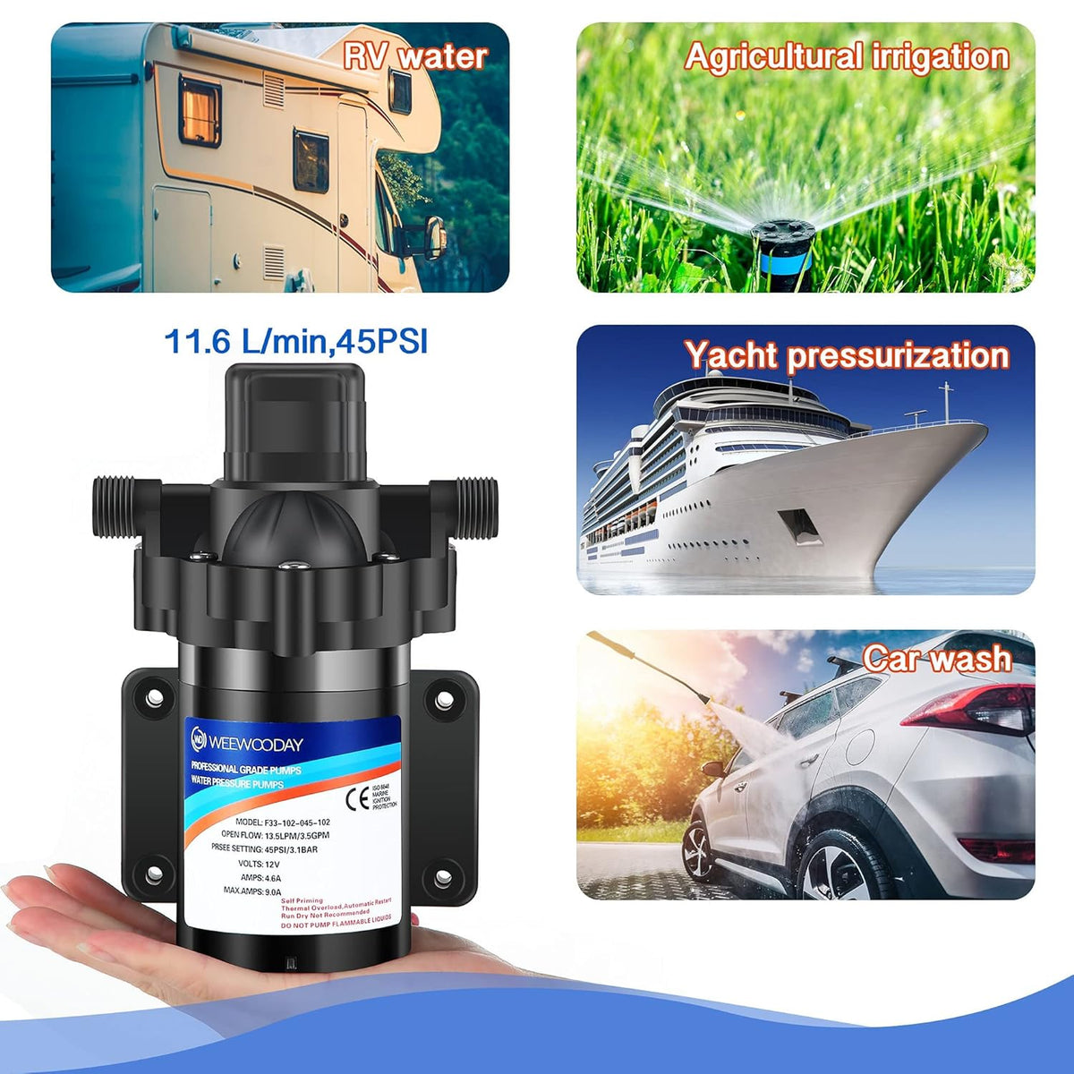 12V Diaphragm Water Pump with Pressure Switch 3.5 GPM 45 PSI A794372
