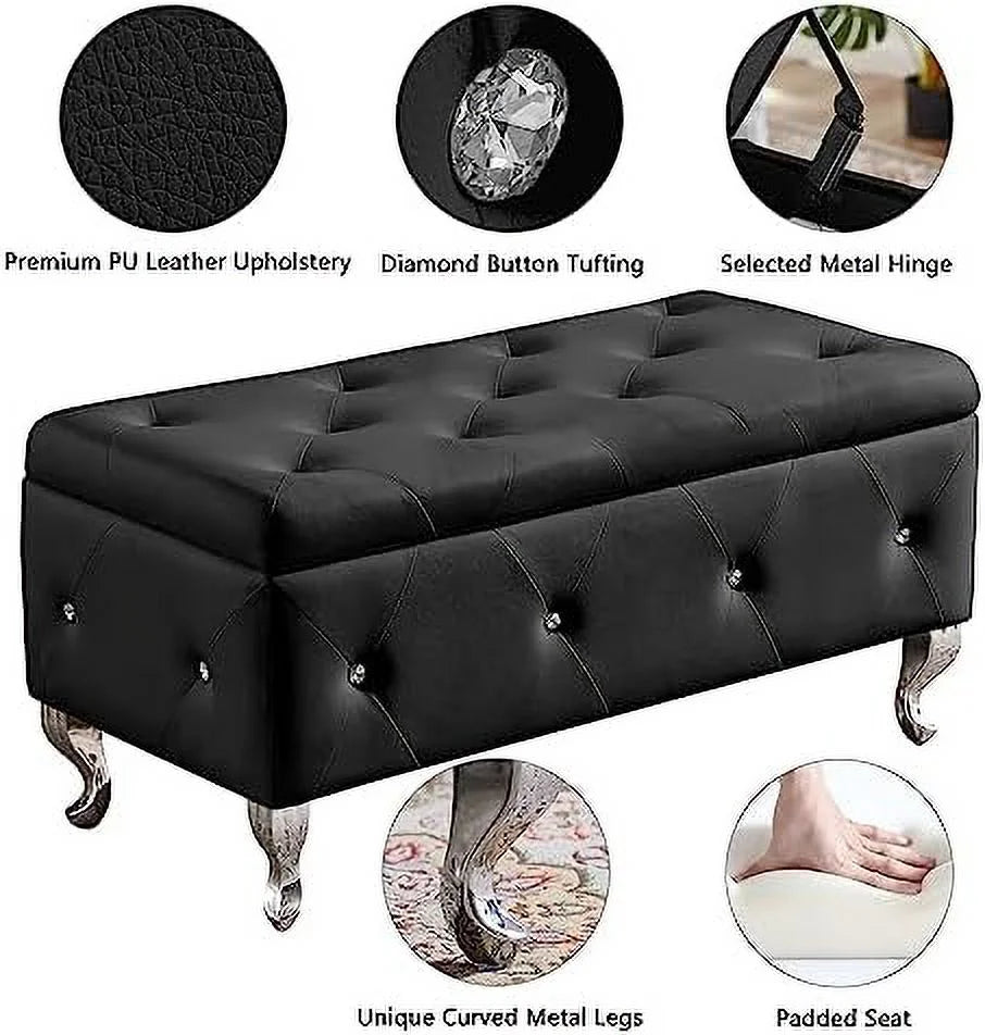 Grey Velvet Ottoman Bench with Metal Legs Q599