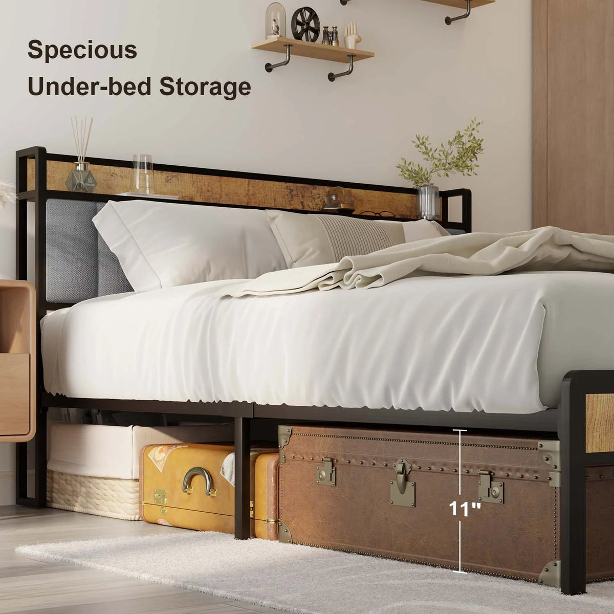 Queen Bed Frame with Storage Headboard, Dark Grey S734