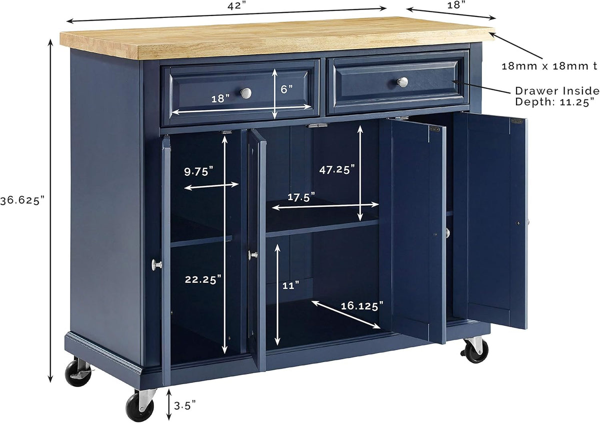 Navy Kitchen Island with Butcher Block Top A857621