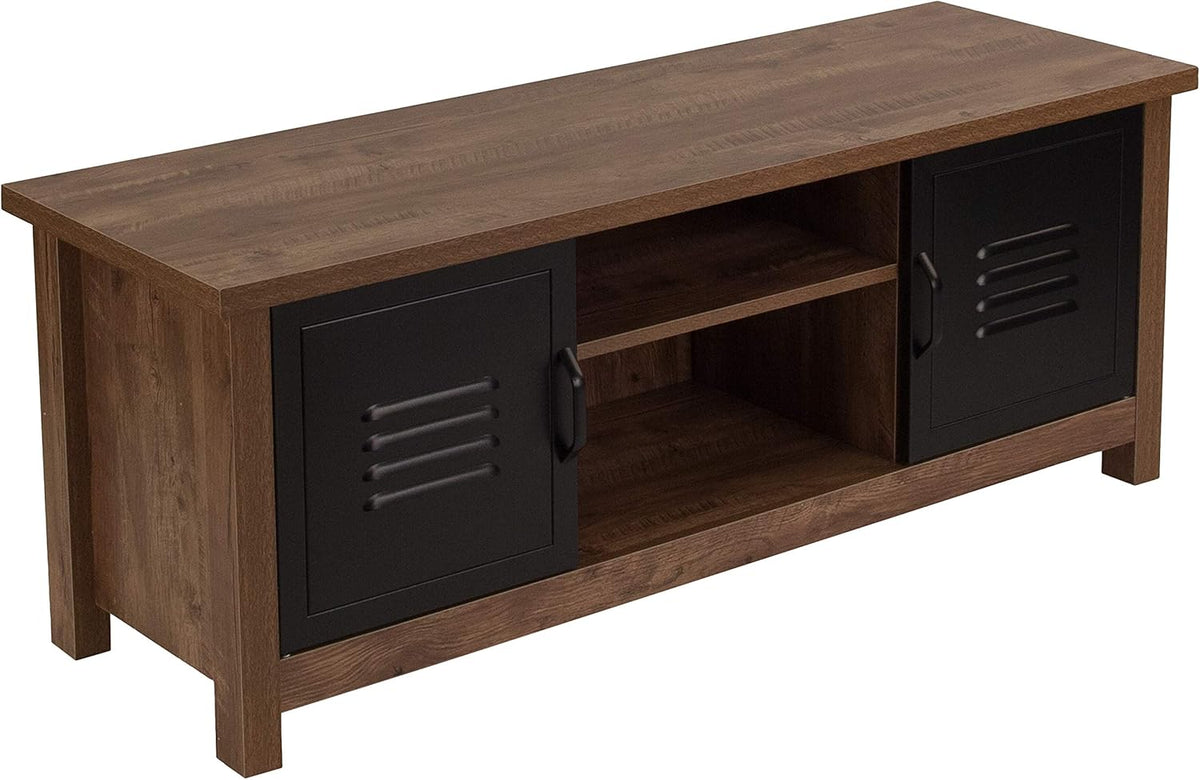 Oak Wood Grain Storage Bench with Metal Cabinet Doors P2073