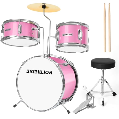 3-Piece 14'' Junior Drum Set with Bass Tom Snare Drum, Cymbal, Pedal, Drumsticks (Pink) E239