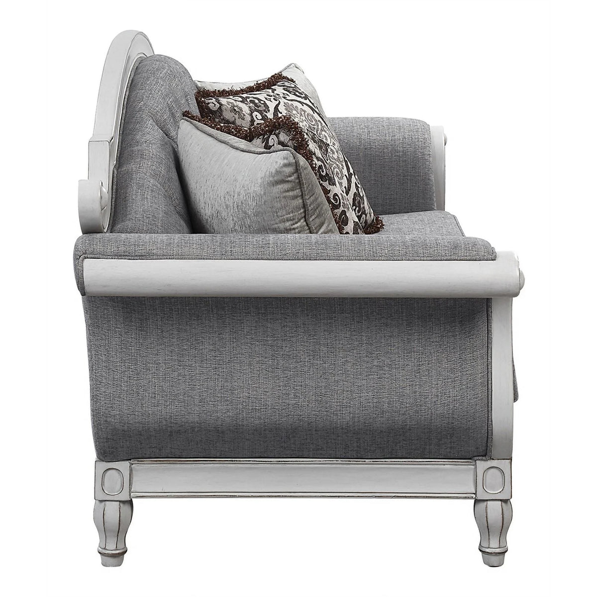 Tufted Fabric Sofa with 4 Pillows in Gray/Antique White B291275