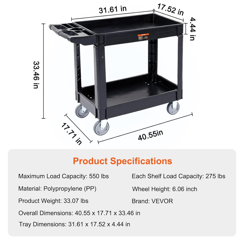 Black 2 Shelf Heavy Duty Plastic Rolling Utility Cart W686049