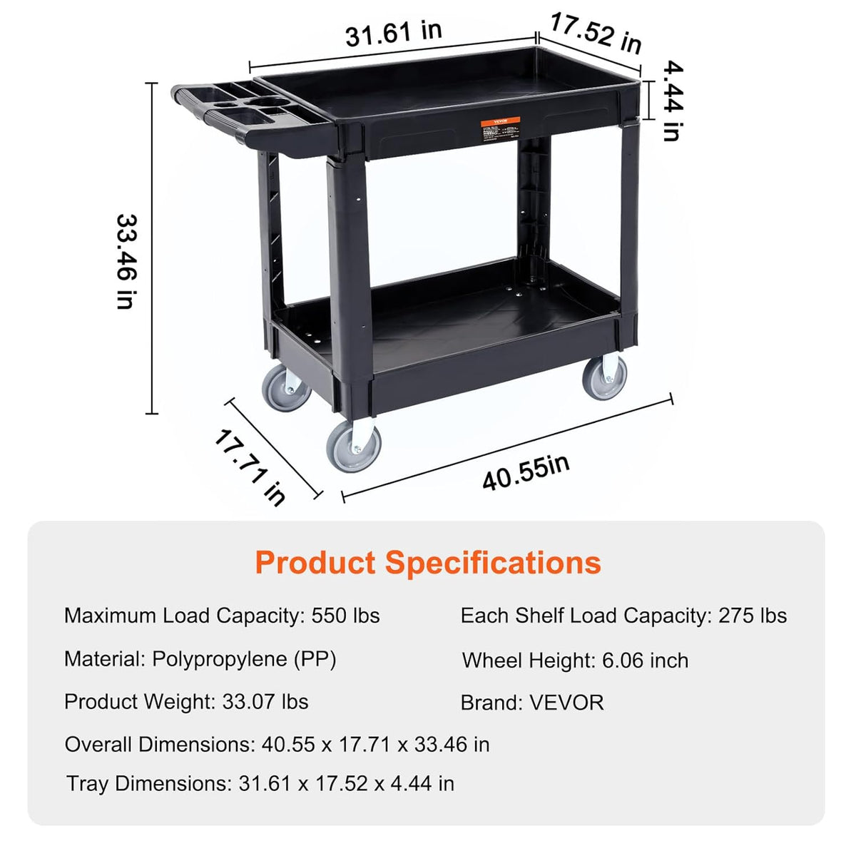 Black 2 Shelf Heavy Duty Plastic Rolling Utility Cart W686049