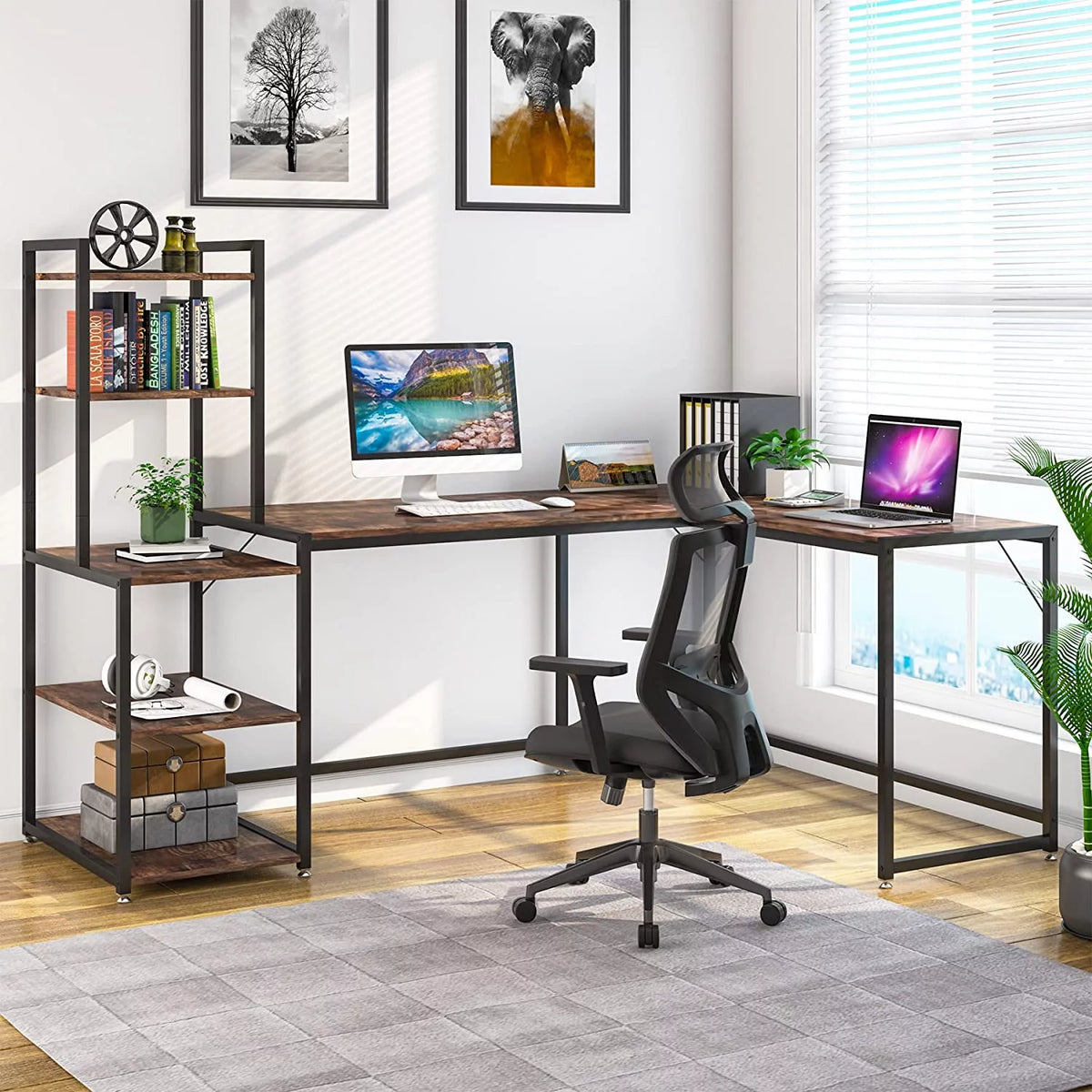 79" Reversible L-Shaped Desk with 5 Tier Storage Shelves O322189