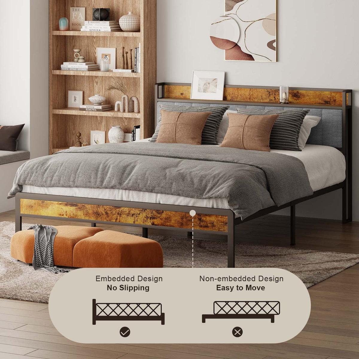 Queen Bed Frame with Storage Headboard, Dark Grey S734
