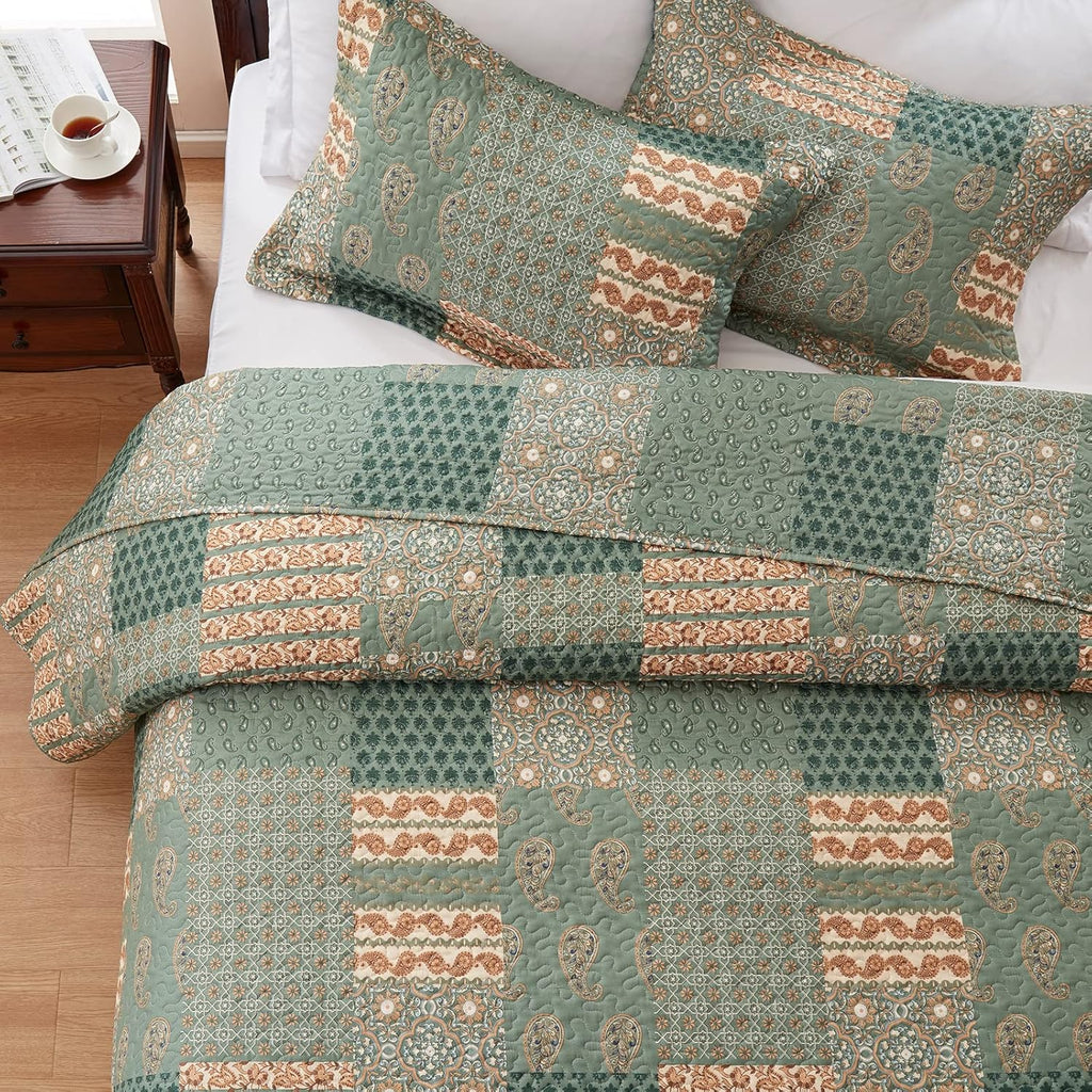 Full/Queen Size Olive Green Floral Paisley Bedding Set with 2 Pillow Shams N7857