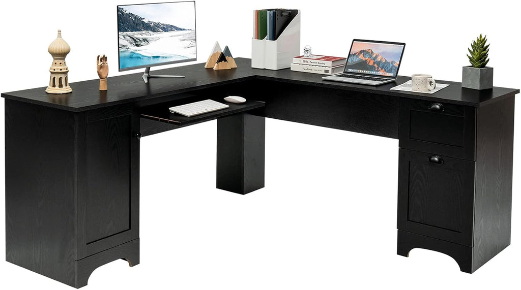 L Shaped Corner Computer Desk with Storage Drawers & Cabinet M7350