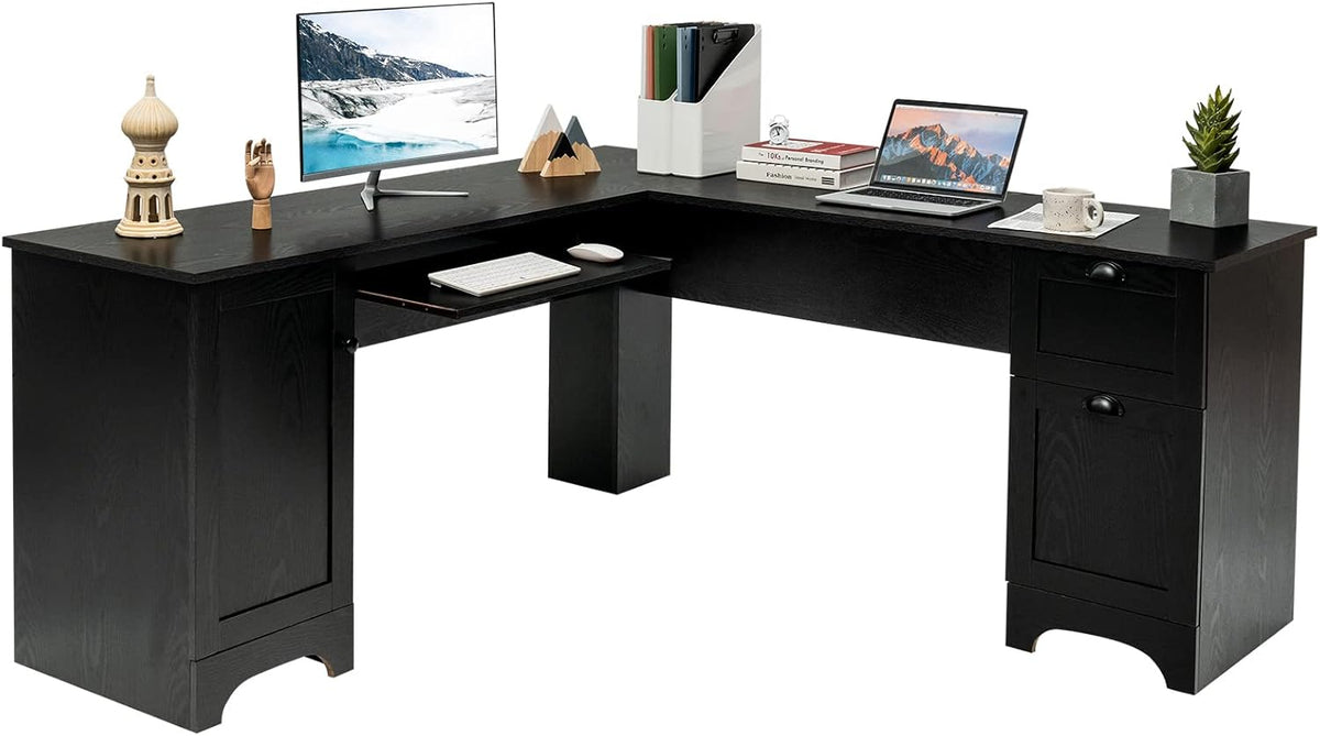 L Shaped Corner Computer Desk with Storage Drawers & Cabinet M7350
