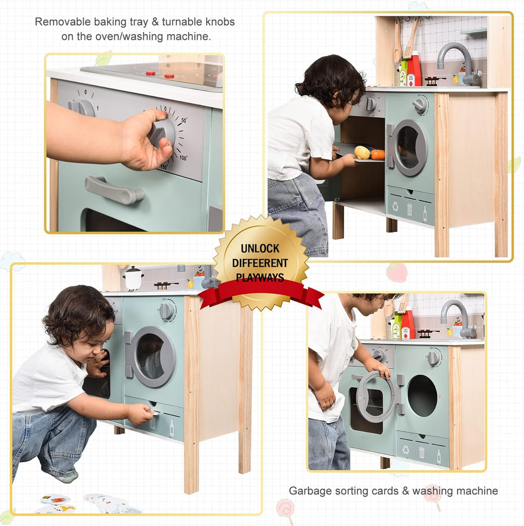 Wooden Play Kitchen with Lights & Sounds, Stove, Sink, Microwave Oven P7741