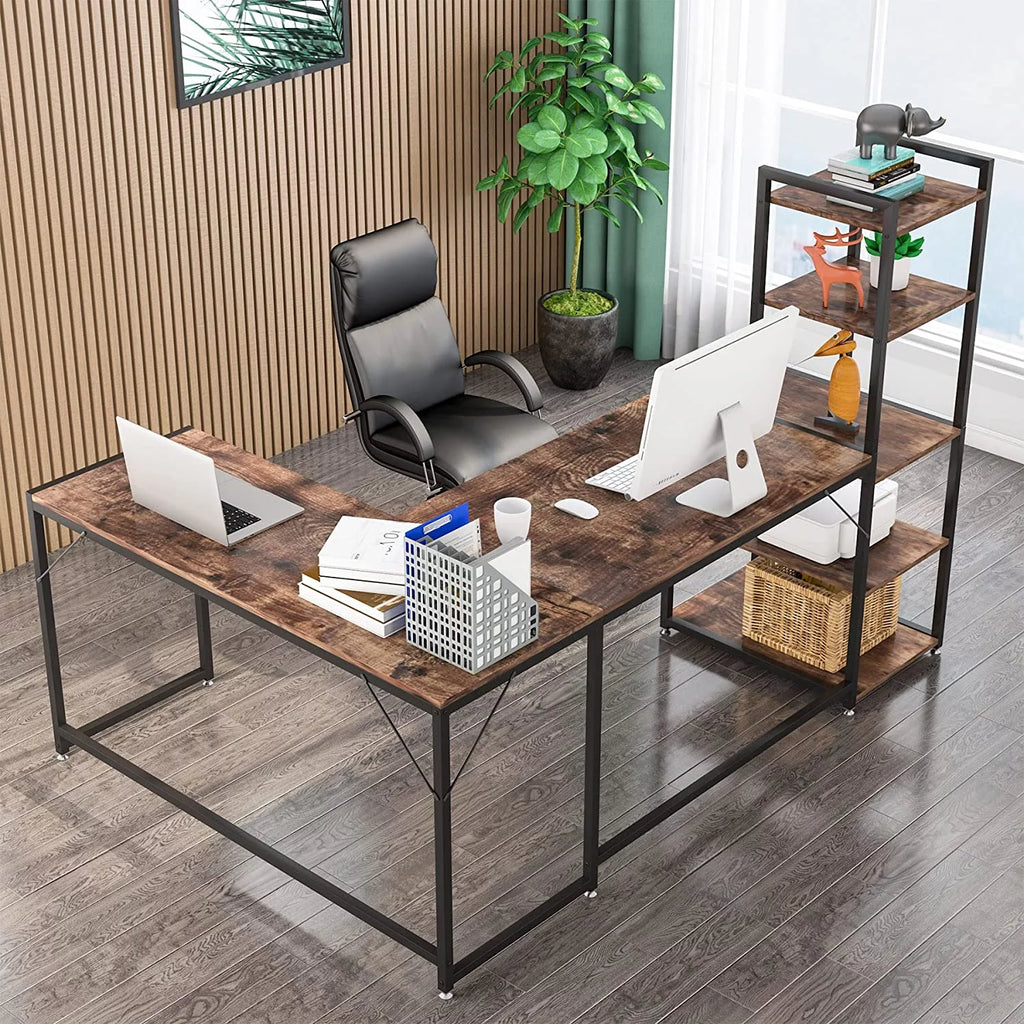 79" Reversible L-Shaped Desk with 5 Tier Storage Shelves O322189