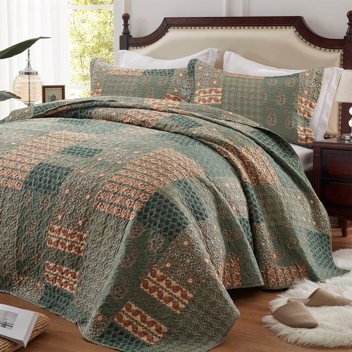Full/Queen Size Olive Green Floral Paisley Bedding Set with 2 Pillow Shams N7857