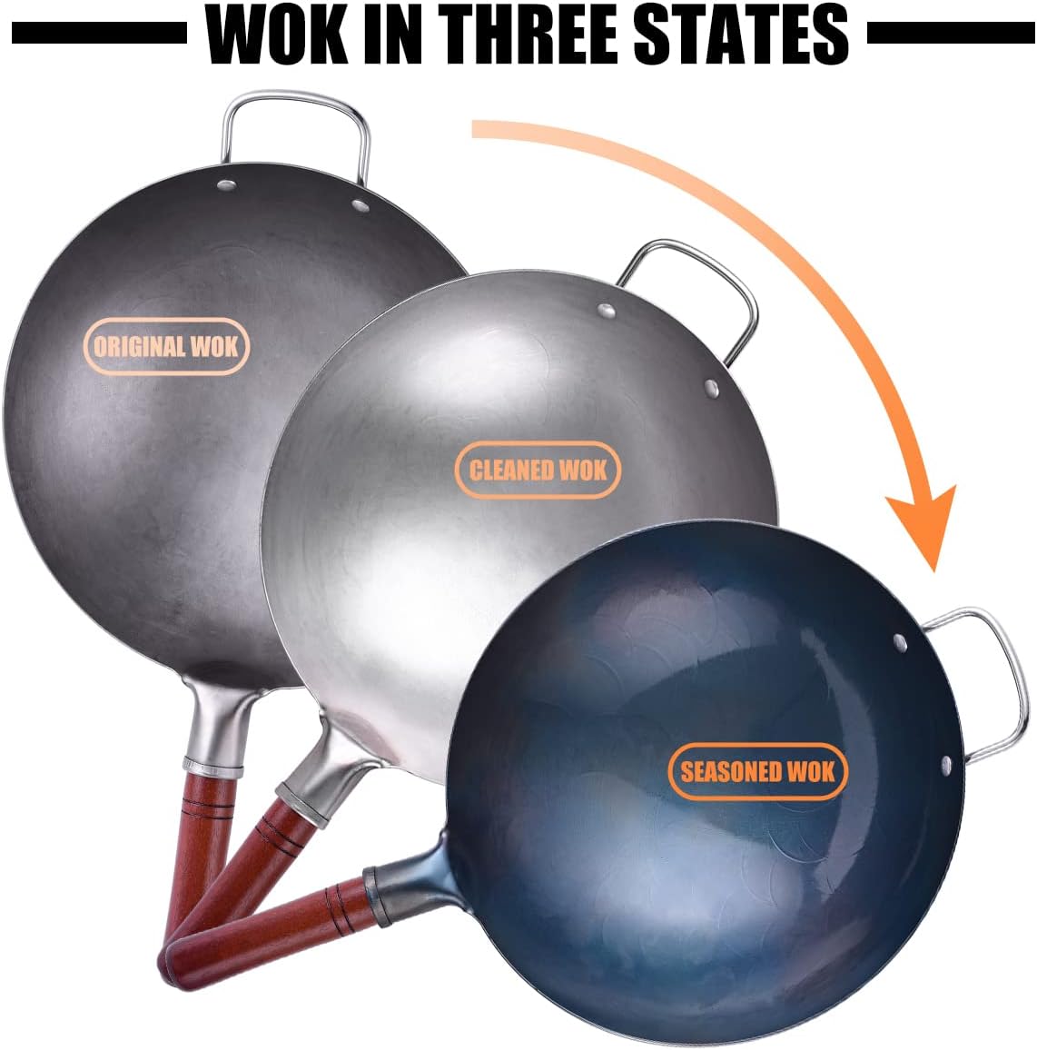 Carbon Steel Hand Hammered Wok Pan Set with 8 Pcs Cookware Accessories L592