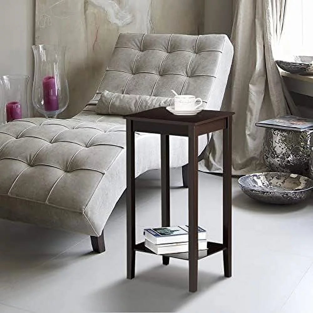 Dark Coffee Tall End Table With Storage Shelf And Solid Wood Legs, D12xw15xh29 Inches V4820