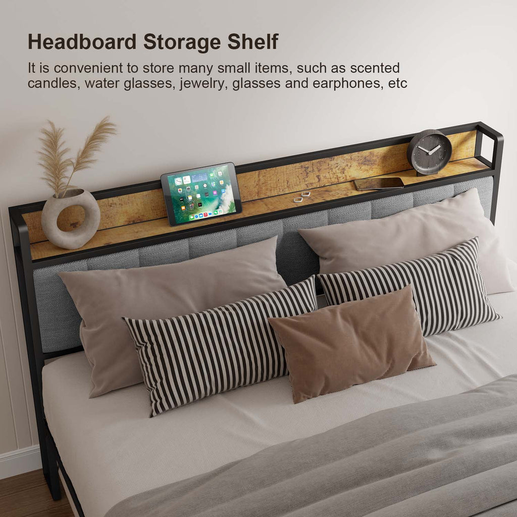Queen Bed Frame with Storage Headboard, Dark Grey S734
