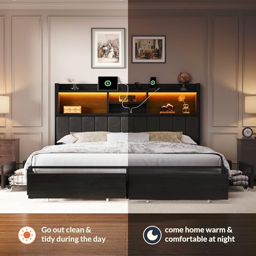 King Size Wooden Platform Bed Frame with 6 Storage Drawers and Headboard D896